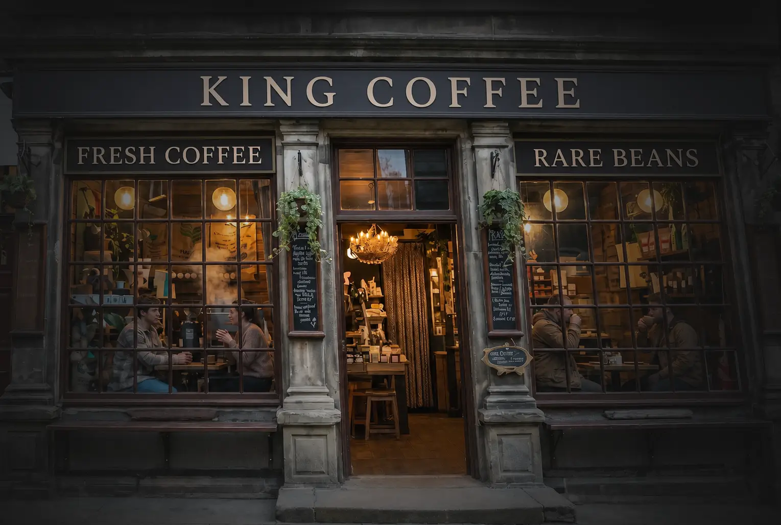 King Coffee's Bath stone shopfront on Bread Street in late-afternoon light