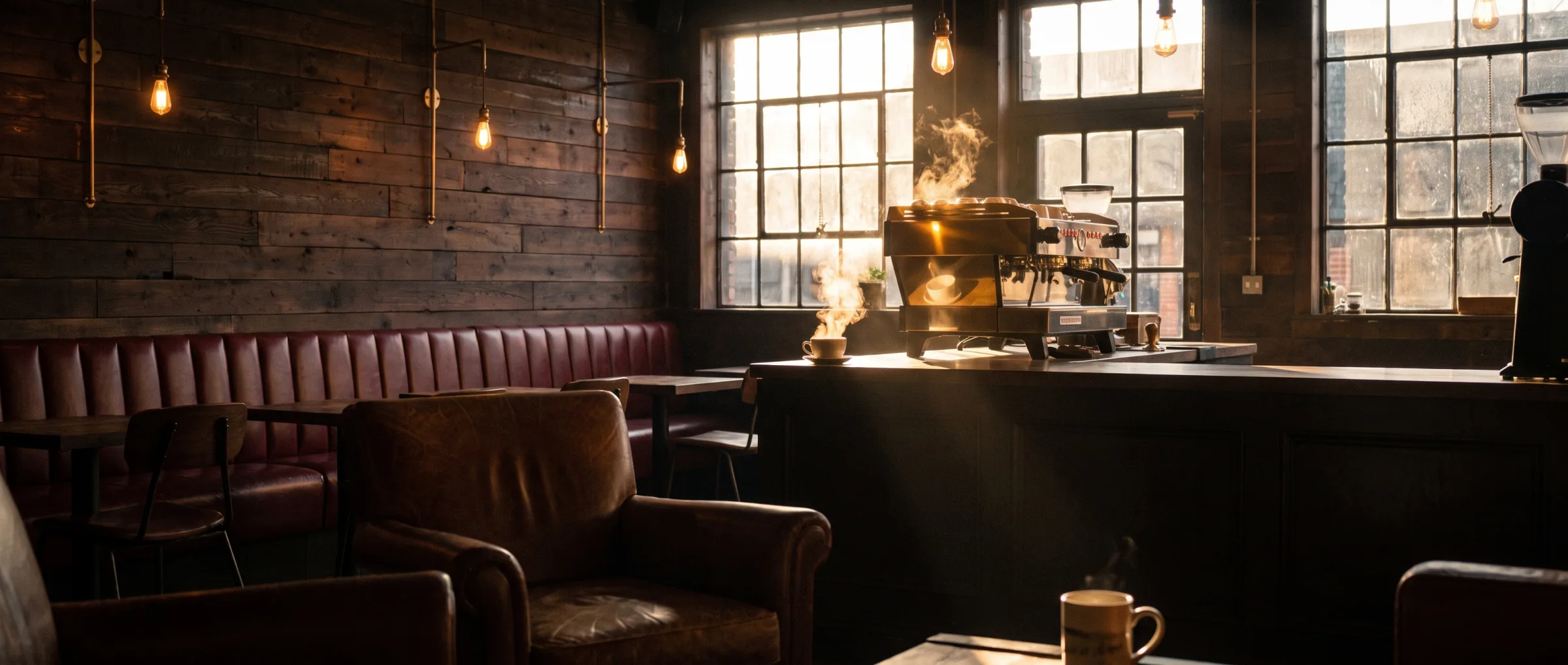Warm King Coffee interior with brass espresso machine
