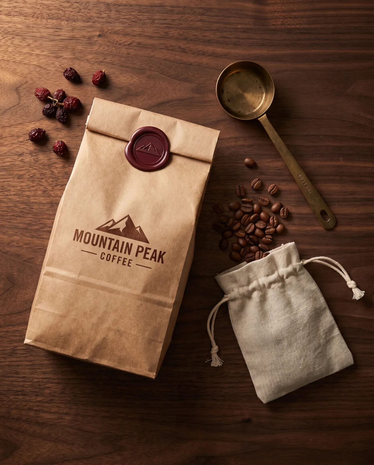 King Coffee gift set with wax-sealed bag and brass scoop