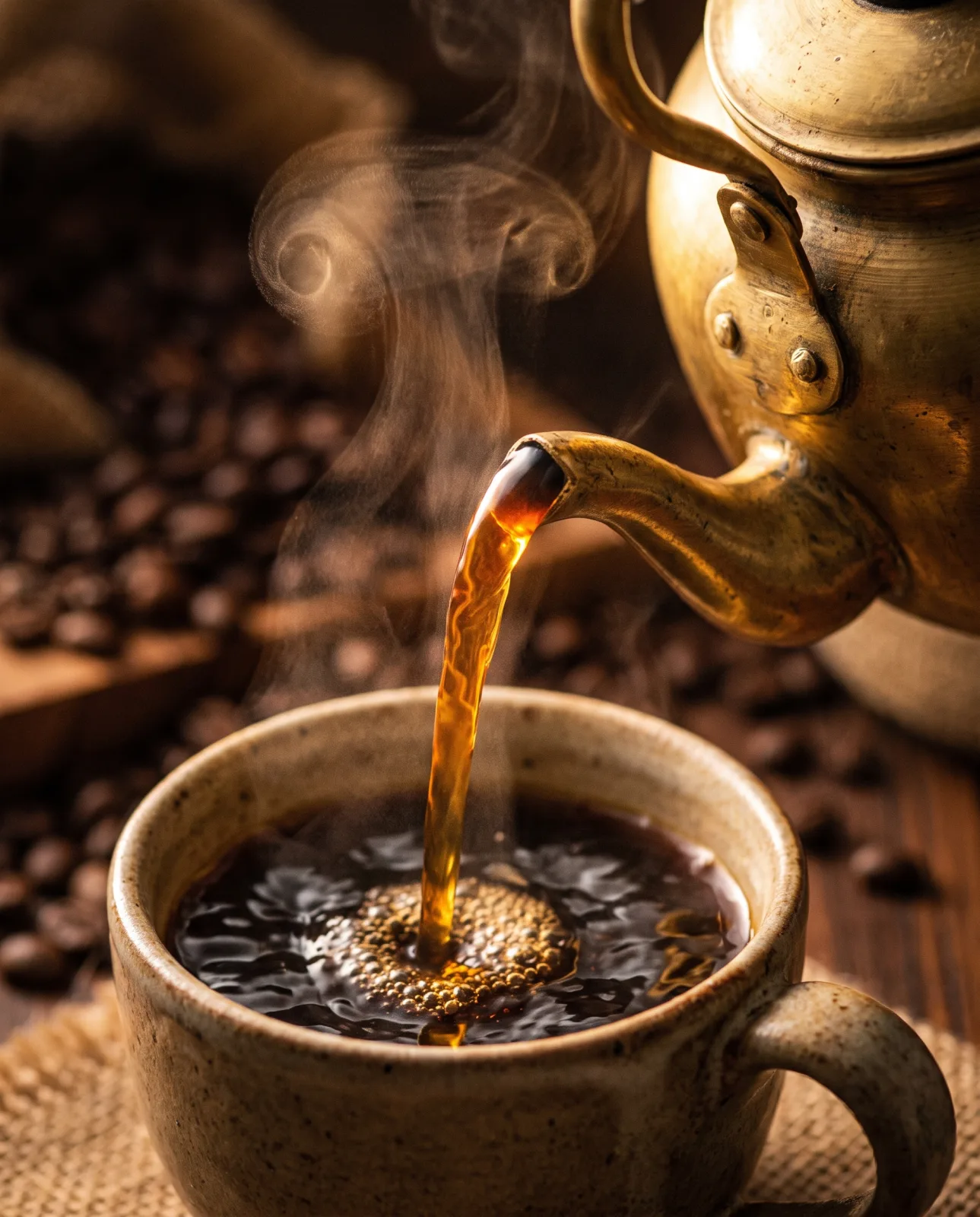Coffee poured from a brass kettle with steam curling upward
