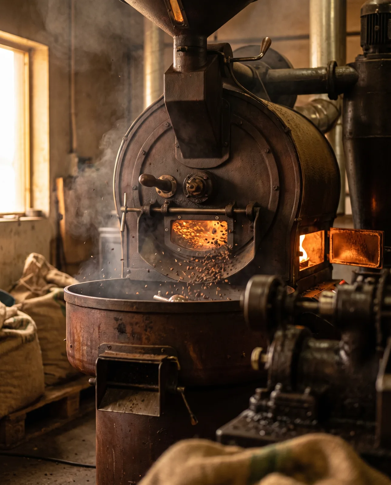 Coffee roasting drum with glowing beans