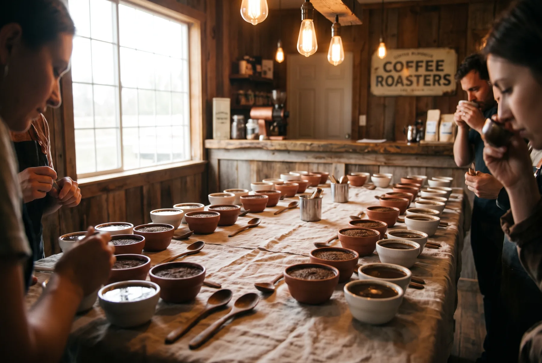 Coffee cupping bowls laid out on the Wednesday tasting table